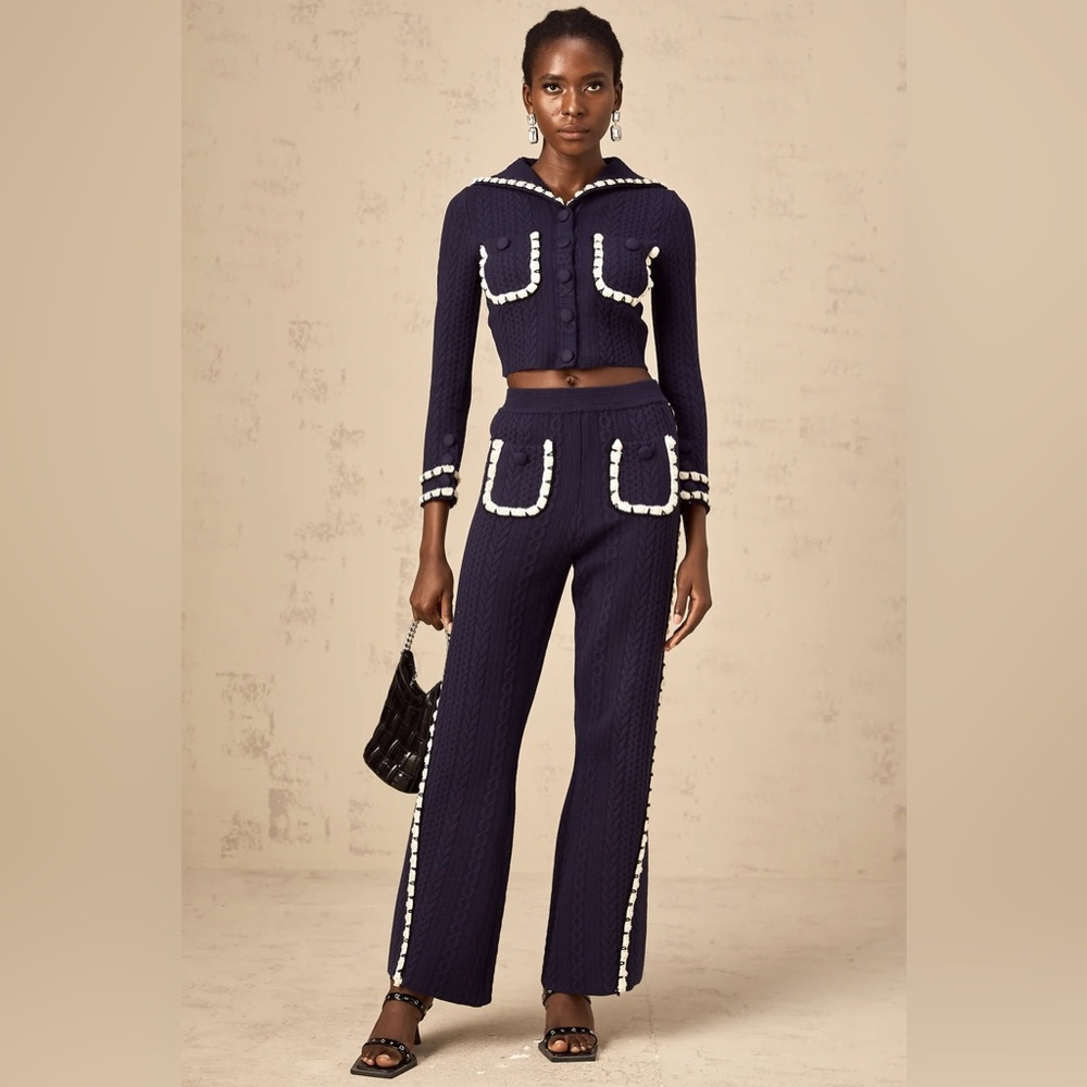ELVIRA NAVY BLUE CROCHET-KNIT CARDIGAN & TROUSERS MATCHING SET